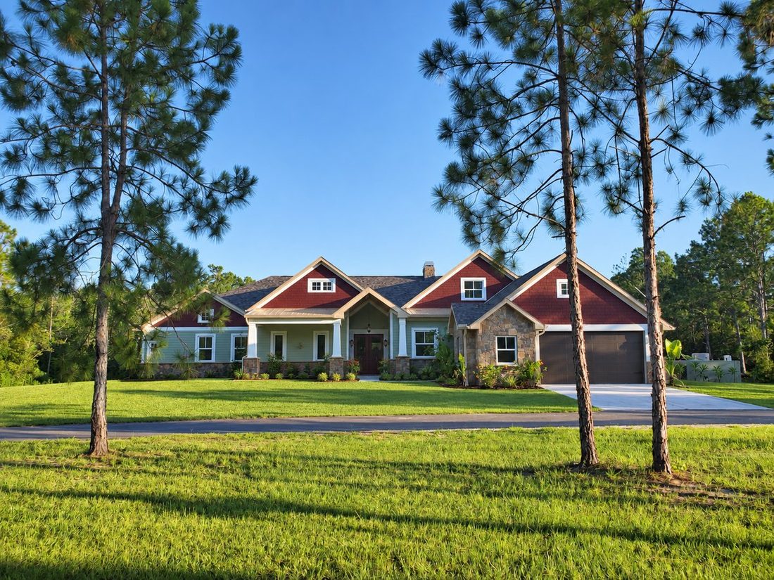 Craftsman custom home with covered porch and stone walkway